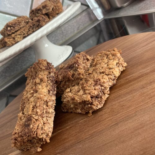 Freshly baked peanut, coconut, chocolate flapjacks